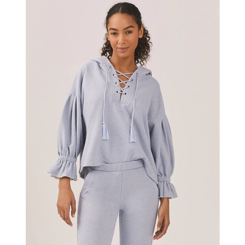 NWT Something Navy Sophia Blue Lace Up Hoodie 3/4 Sleeve Satin Tie Size Small